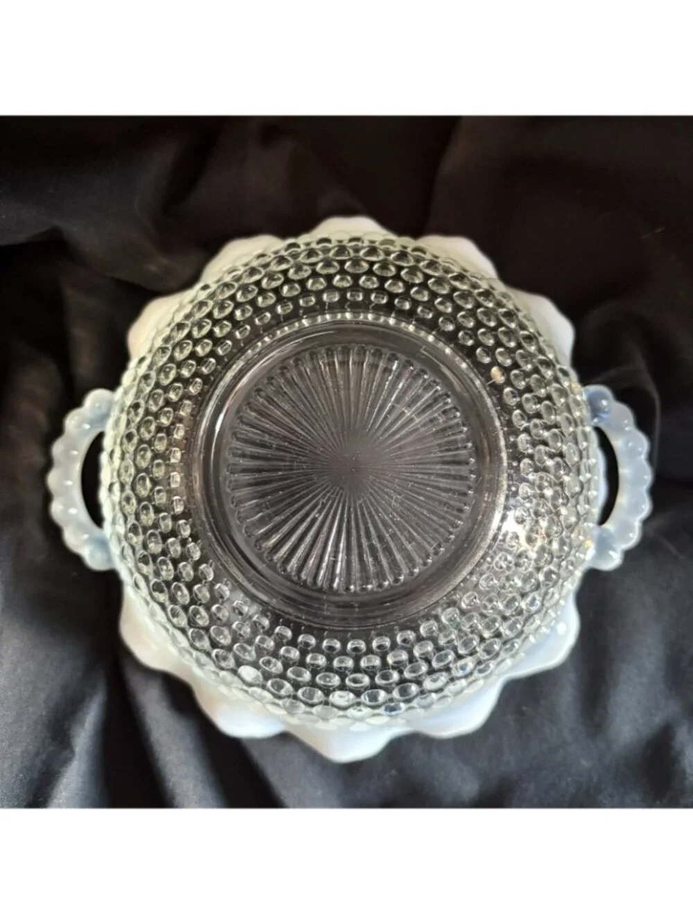 FENTON Vintage Opalescent Moonstone Bowl with Handles Ruffled Hobnail 7 in